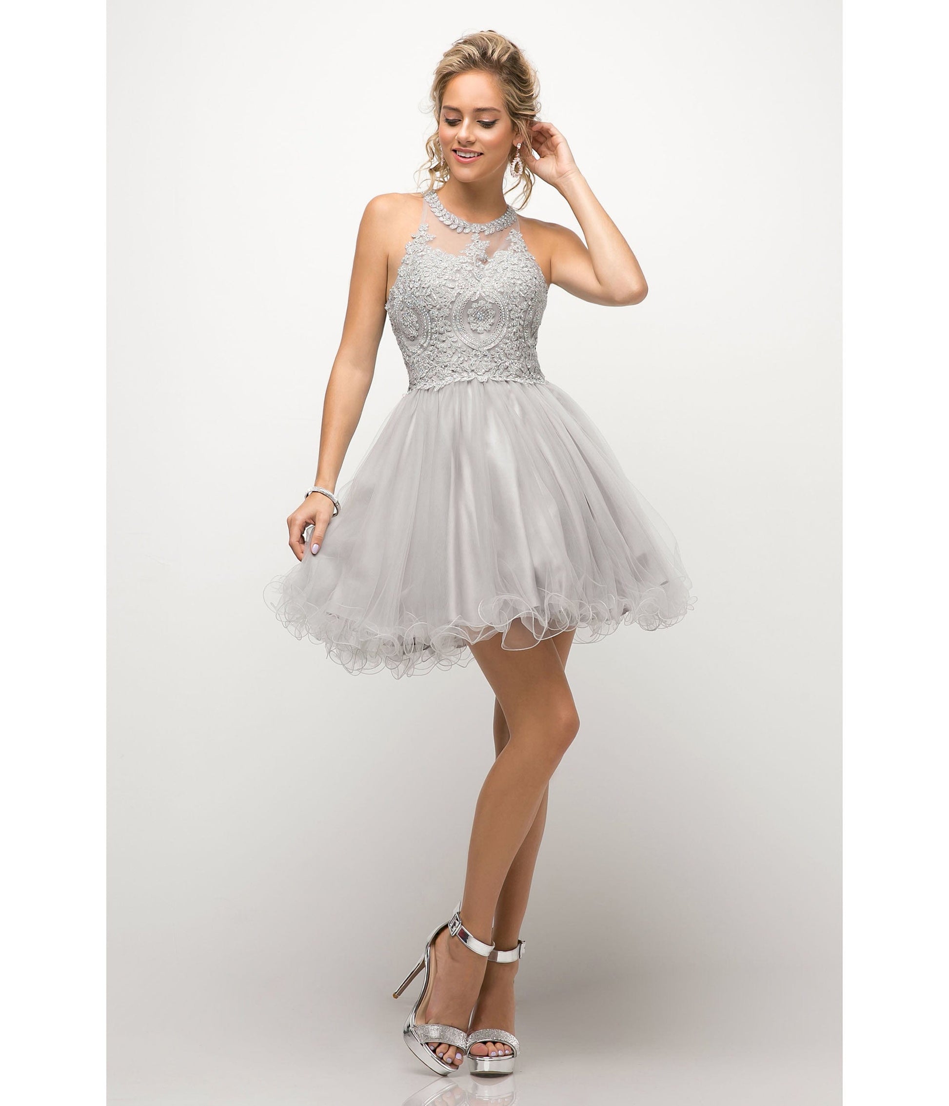 Silver Beaded Lace Ballerina Homecoming Dress