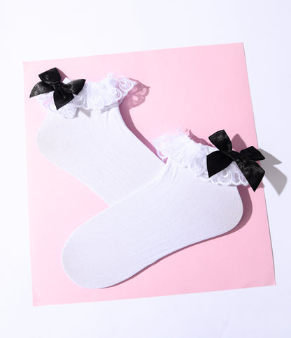 White Ruffle & Black Bow Lola Ankle Socks