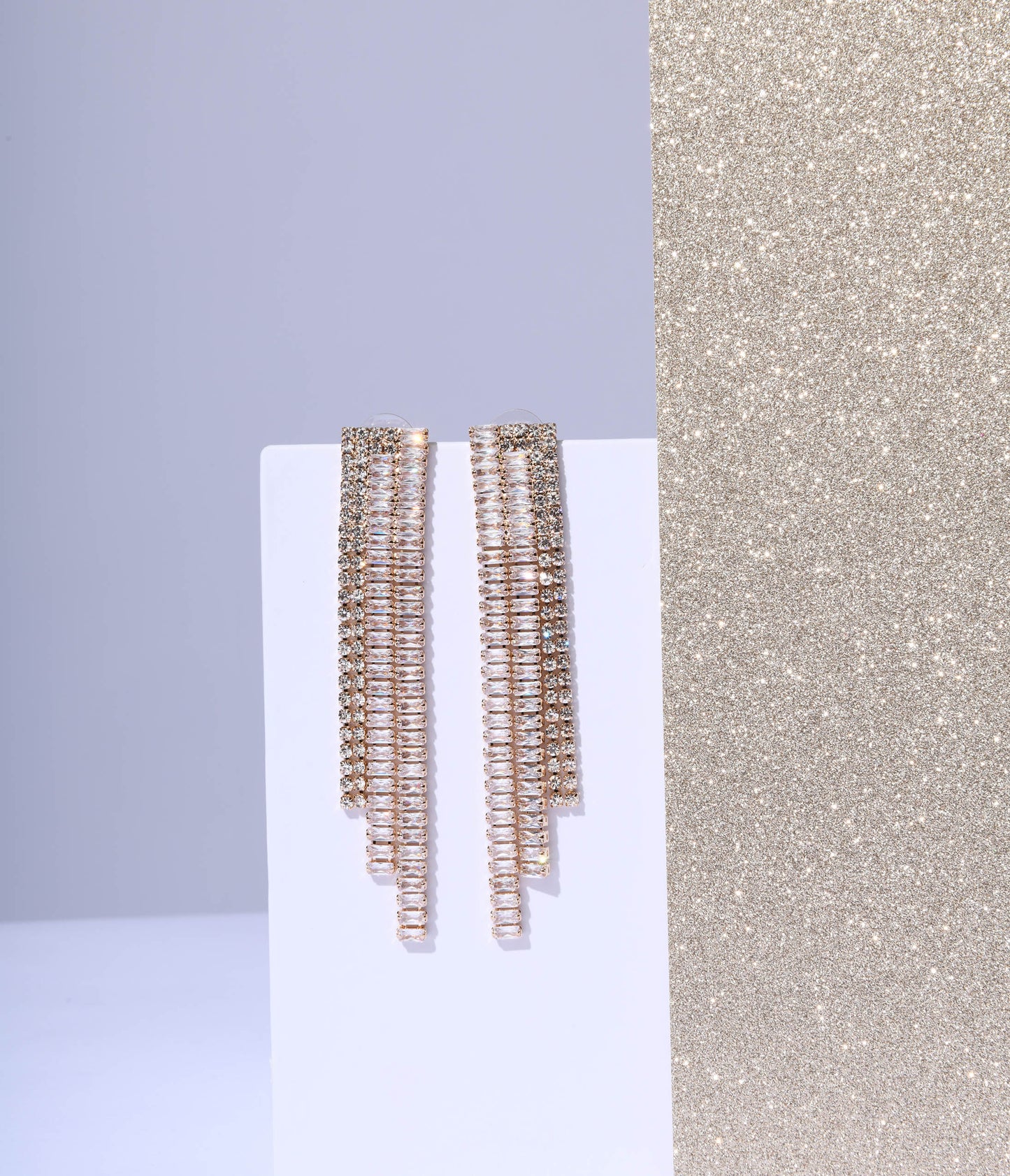Gold Triple Tier Rhinestone Dangle Earrings