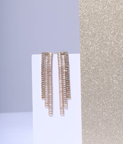 Gold Triple Tier Rhinestone Dangle Earrings