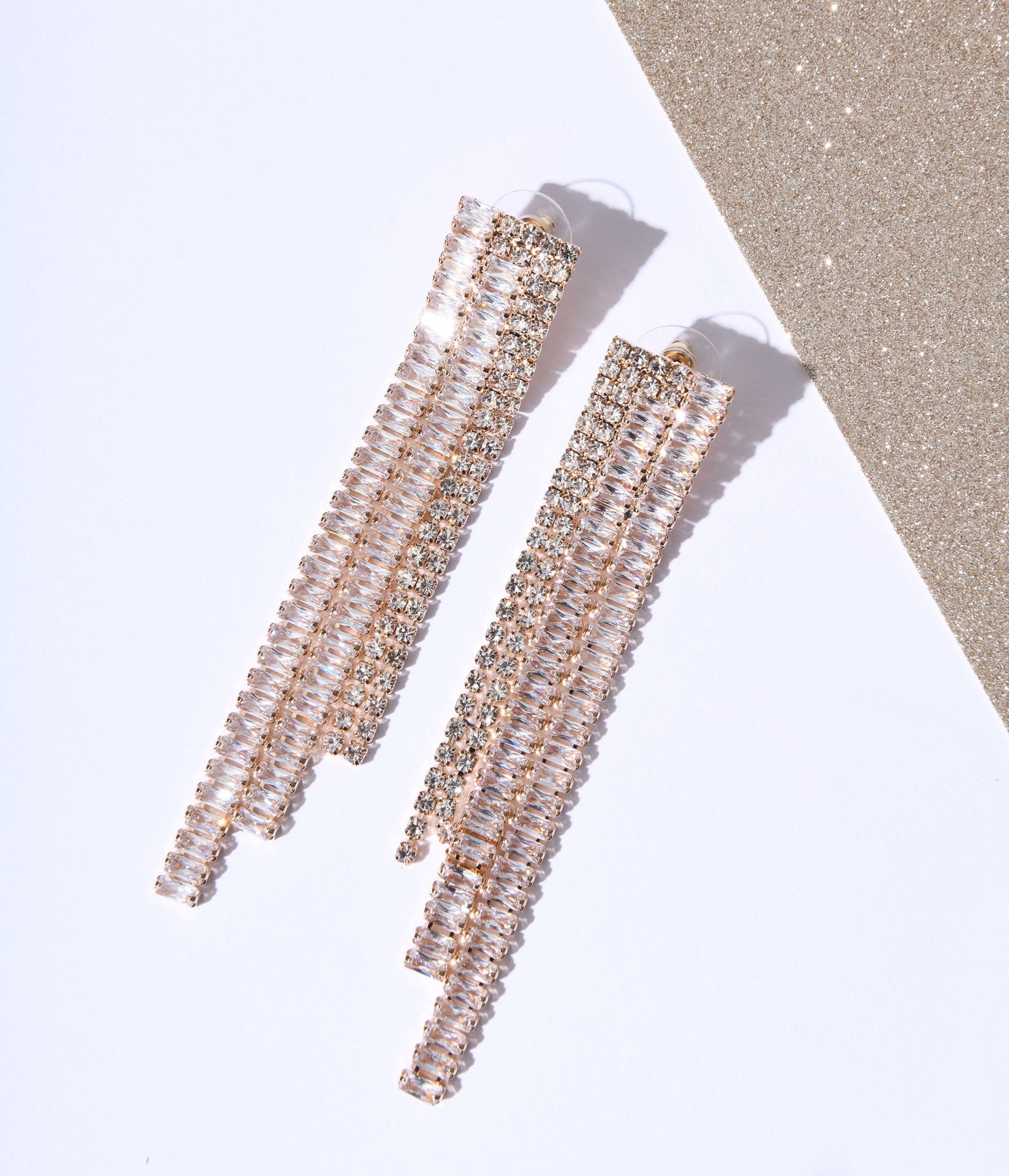 Gold Triple Tier Rhinestone Dangle Earrings