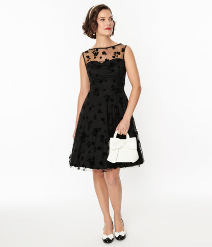 Black Flocked Floral Mesh Swing Dress