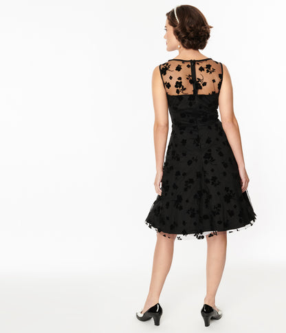 Black Flocked Floral Mesh Swing Dress