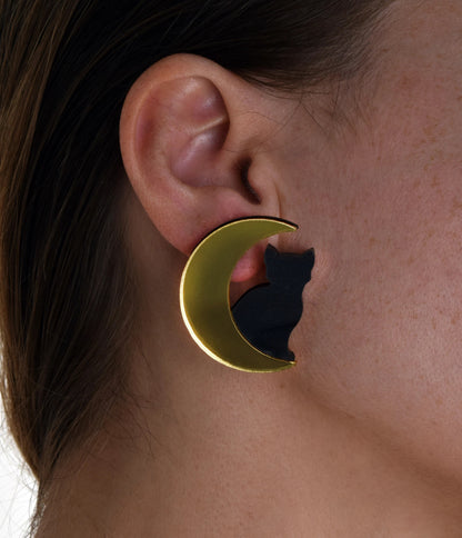 Large Cat in Moon Earrings