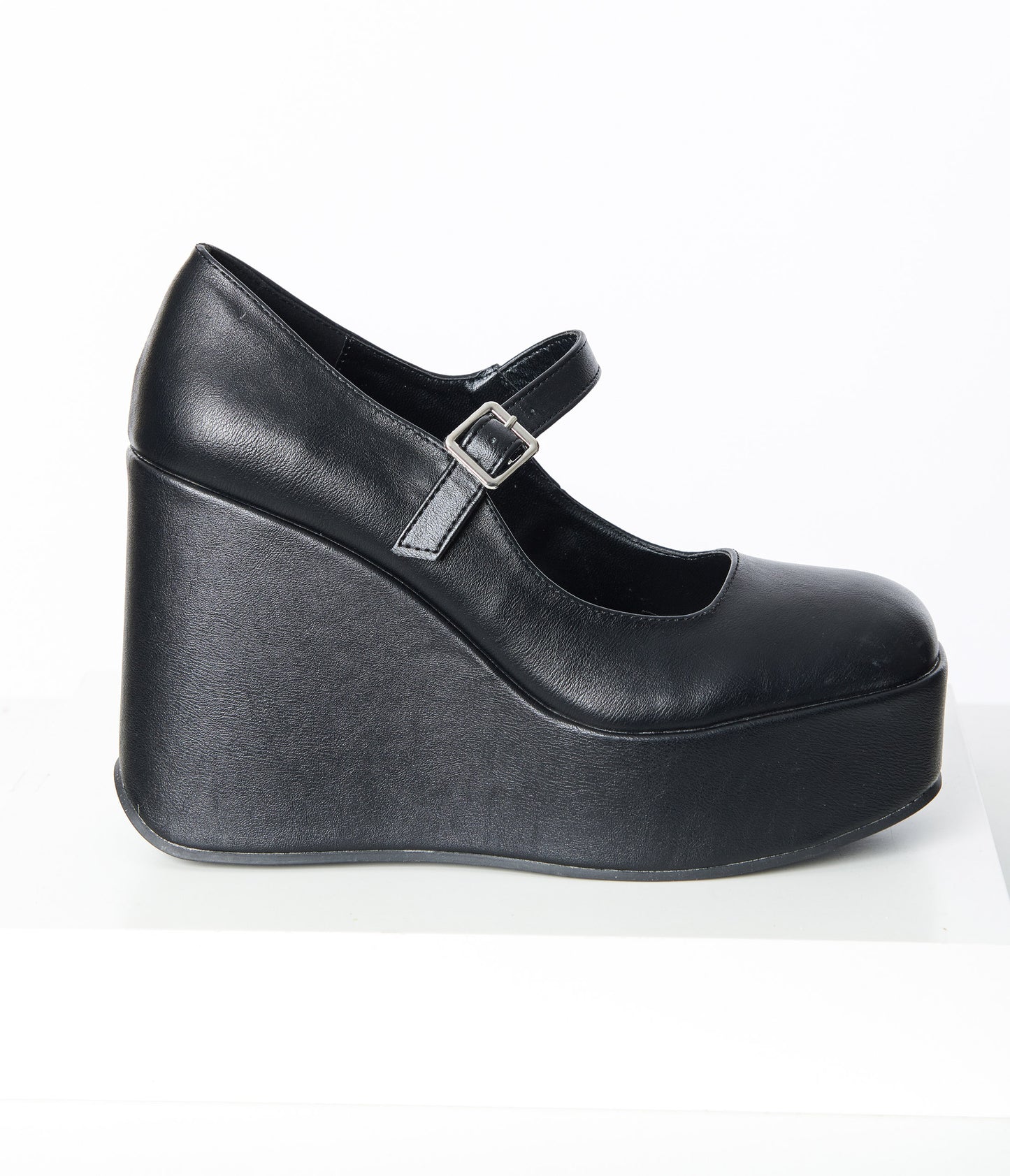 Black Leatherette Mary Jane Platform Wedges