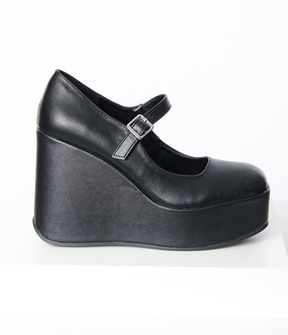 Black Leatherette Mary Jane Platform Wedges