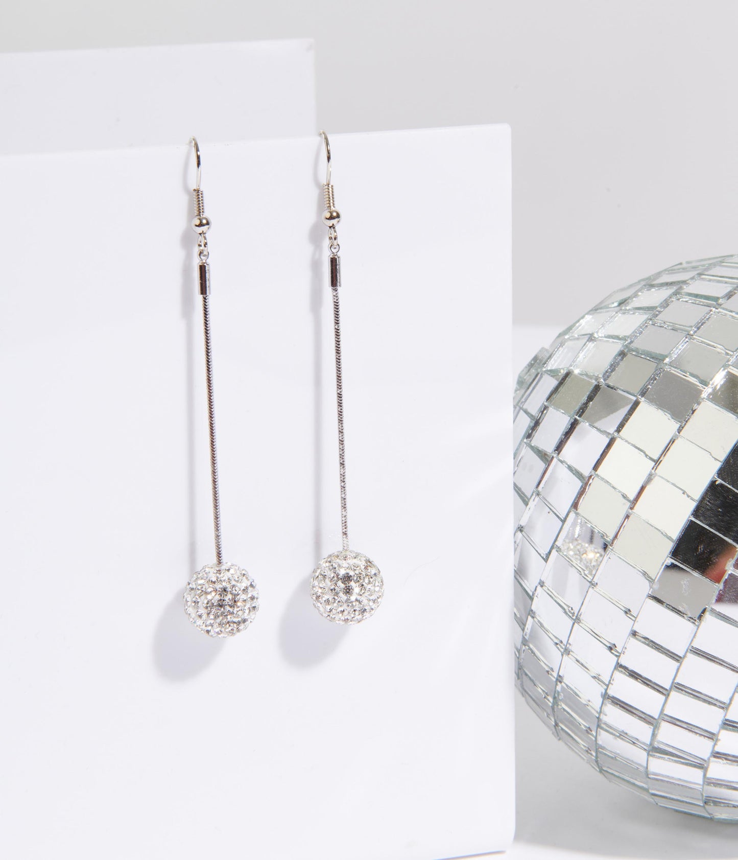 Silver Rhinestone Disco Ball Drop Earrings