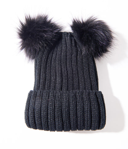Black Pom Pom Ear Knit Beanie