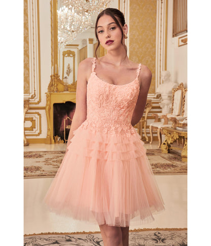 Cinderella Divine  Blush Floral Applique & Tiered Tulle Cocktail Dress