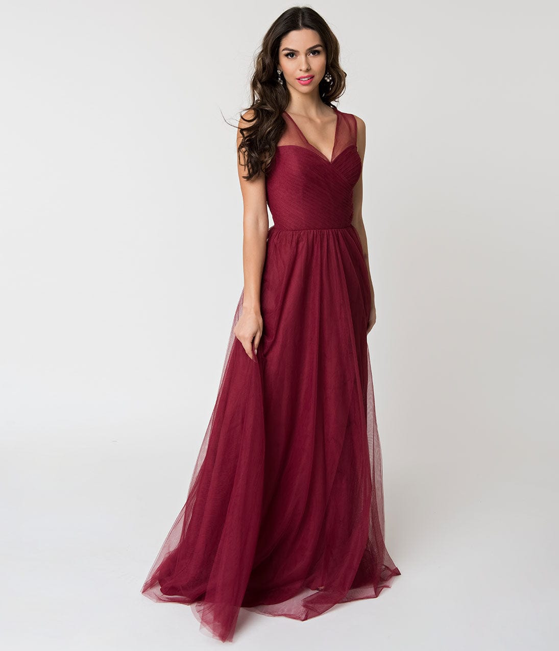 Deep Red Mesh Wrapped Sweetheart Neckline Long Dress