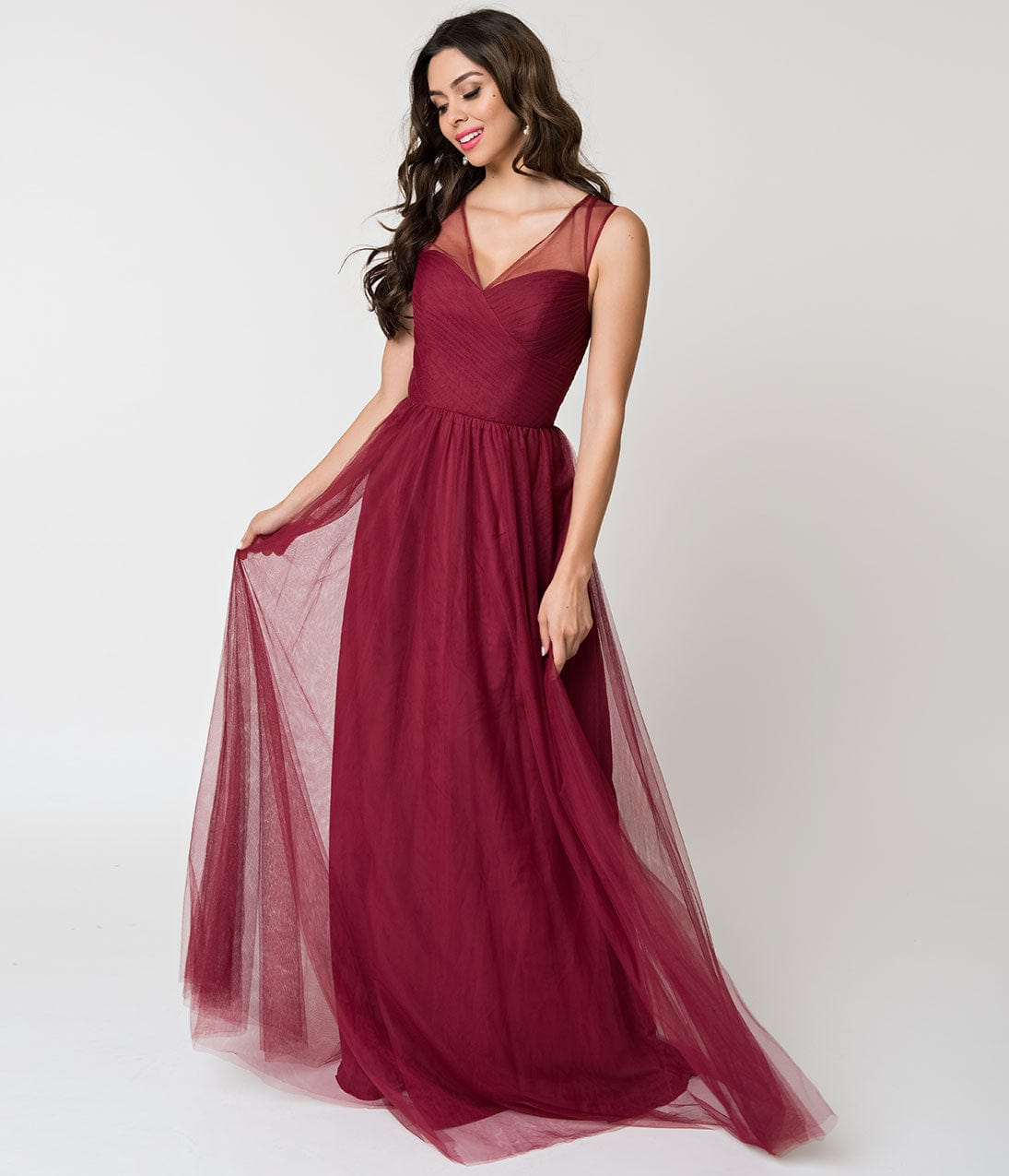 Deep Red Mesh Wrapped Sweetheart Neckline Long Dress