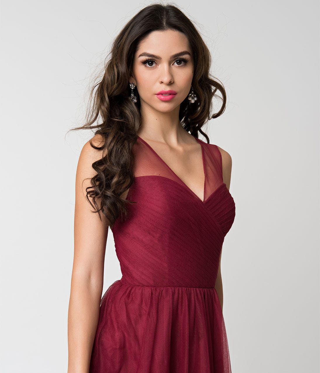 Deep Red Mesh Wrapped Sweetheart Neckline Long Dress