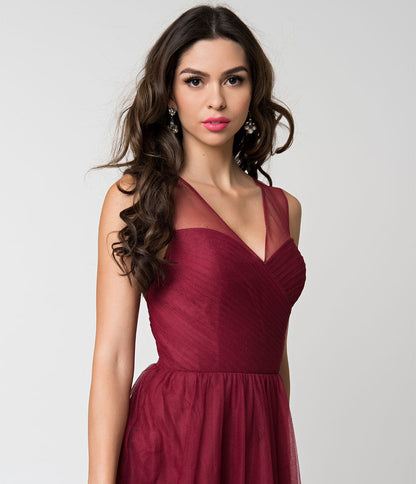 Deep Red Mesh Wrapped Sweetheart Neckline Long Dress