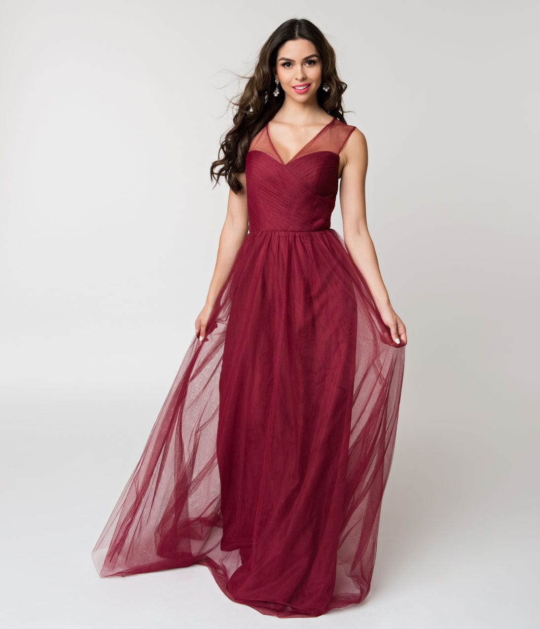 Deep Red Mesh Wrapped Sweetheart Neckline Long Dress