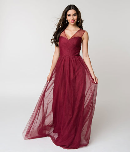 Deep Red Mesh Wrapped Sweetheart Neckline Long Dress