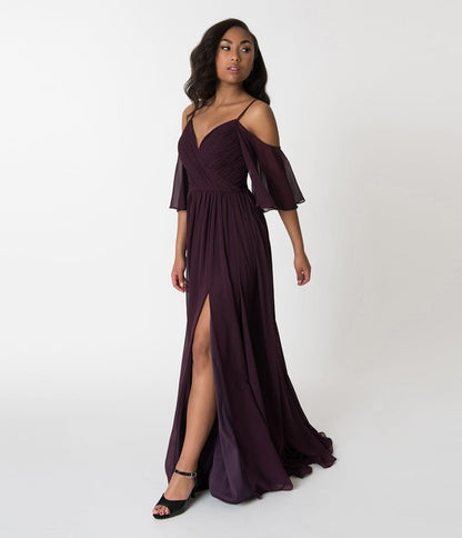 Plum Purple Off The Shoulder Flutter Sleeves Pleated Chiffon Dress