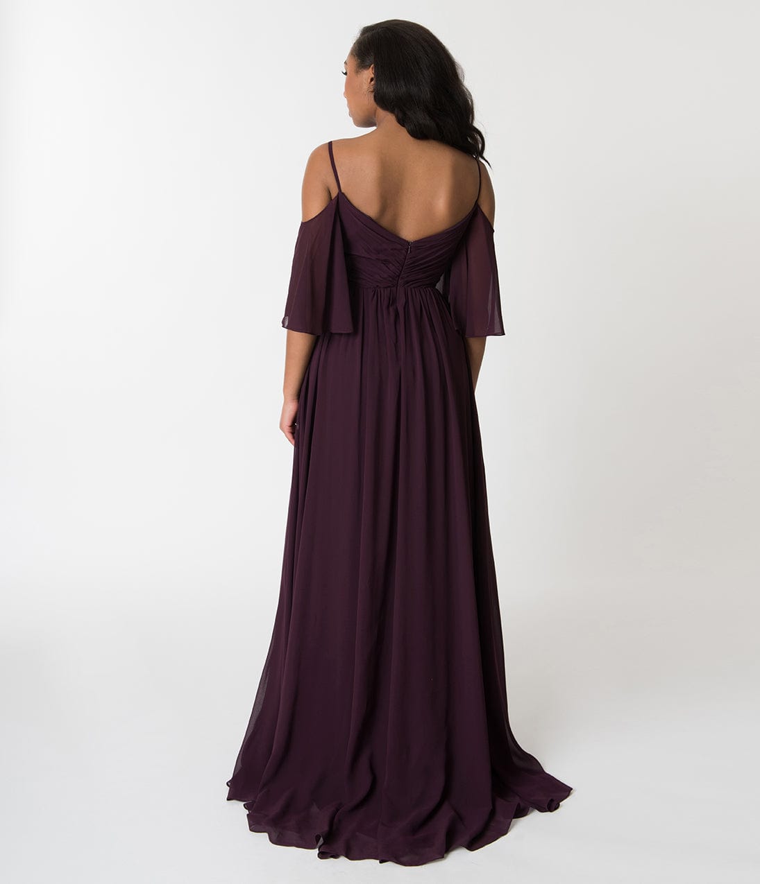 Plum Purple Off The Shoulder Flutter Sleeves Pleated Chiffon Dress