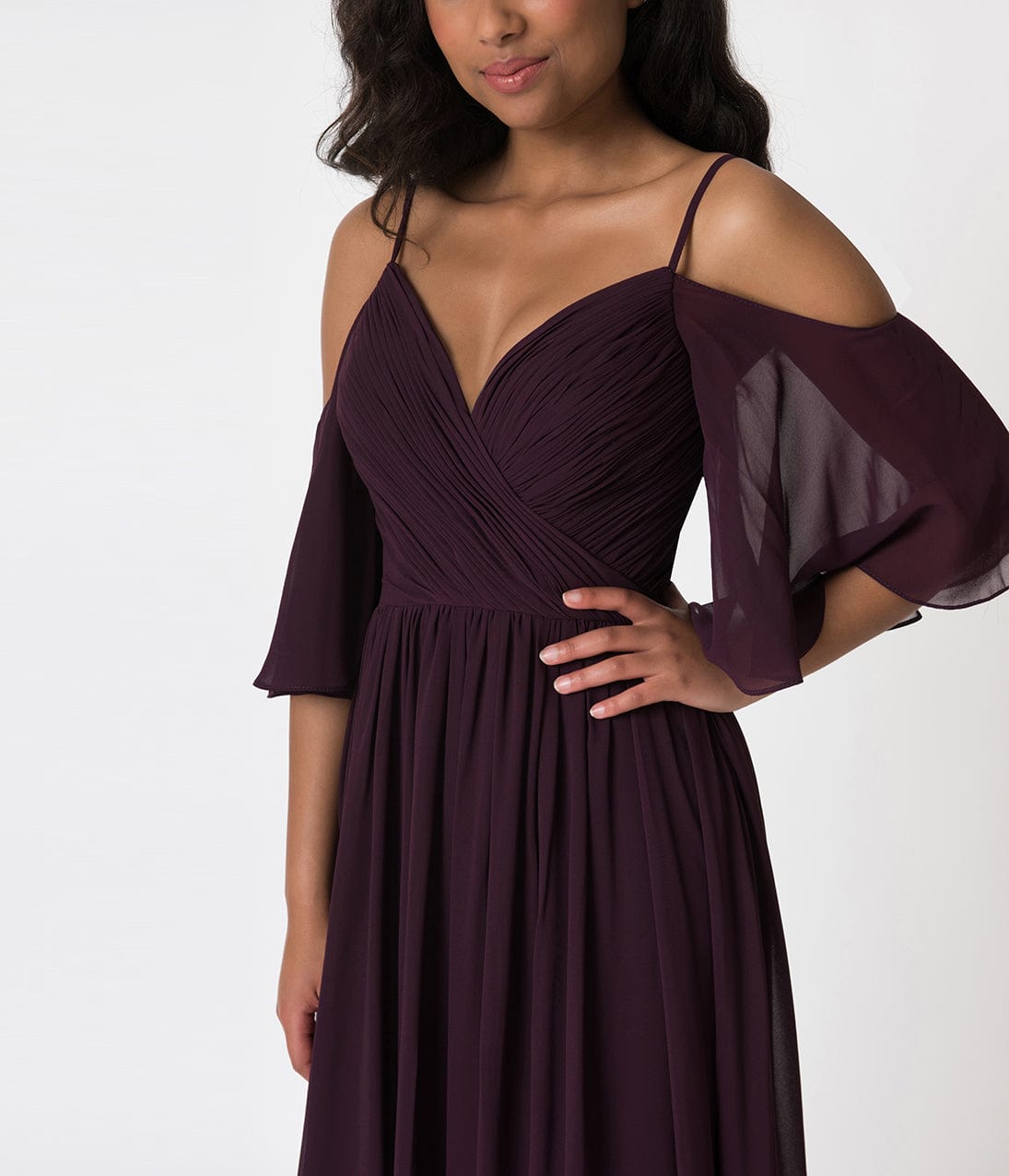 Plum Purple Off The Shoulder Flutter Sleeves Pleated Chiffon Dress