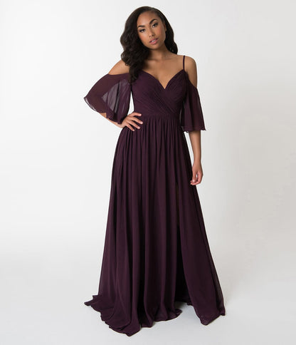 Plum Purple Off The Shoulder Flutter Sleeves Pleated Chiffon Dress