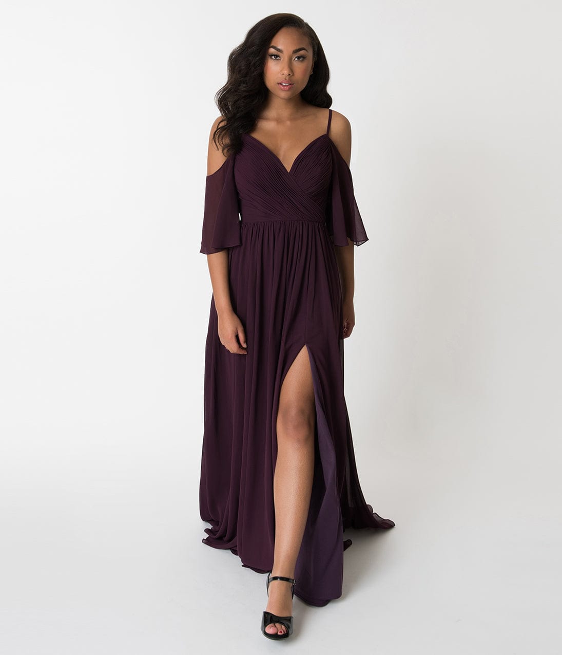 Plum Purple Off The Shoulder Flutter Sleeves Pleated Chiffon Dress