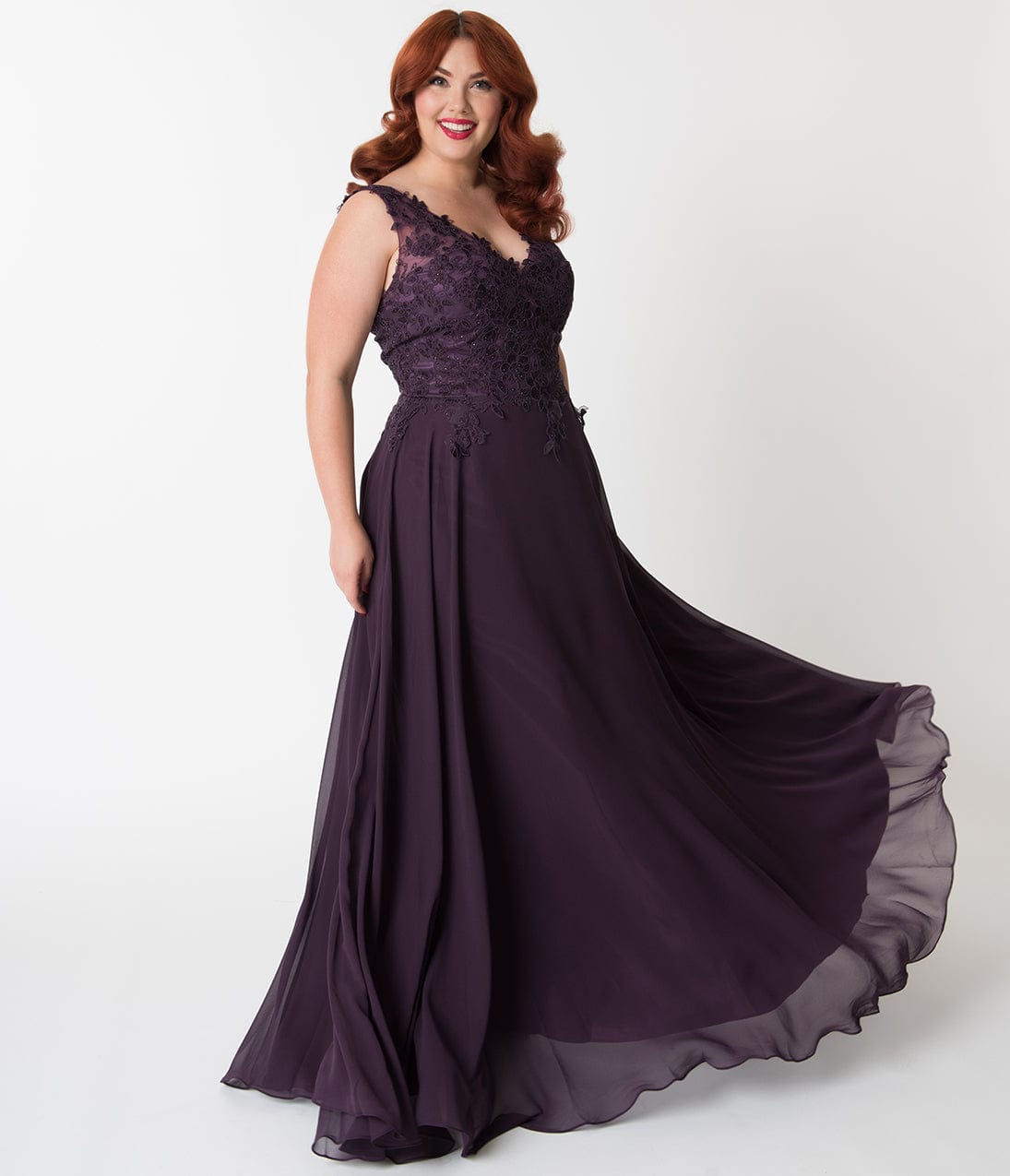 Plus Size Eggplant Purple Embellished Floral Lace & Chiffon V-Neck Gown