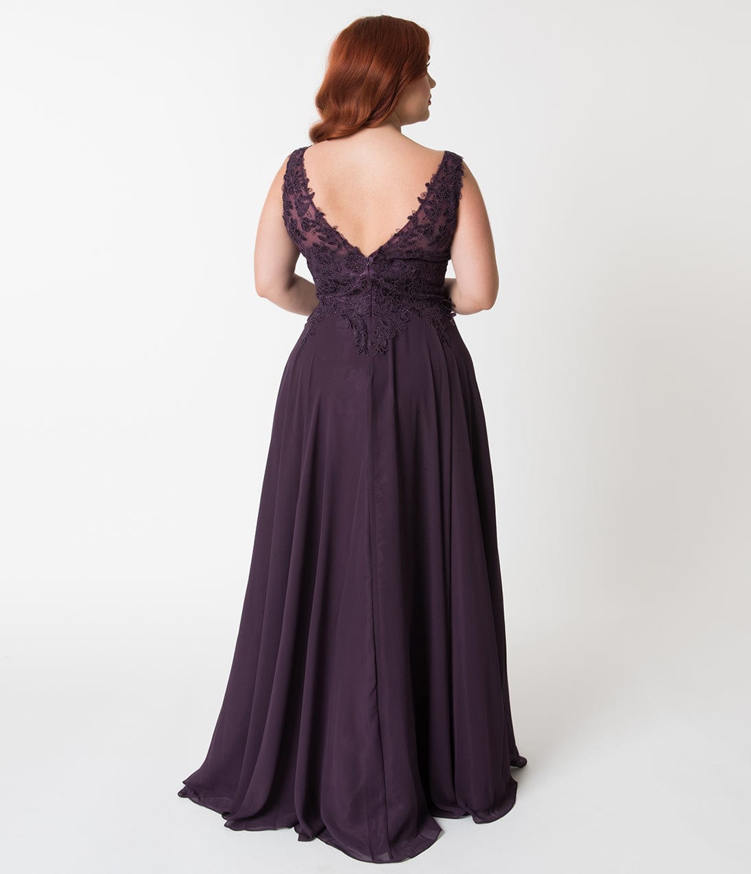 Plus Size Eggplant Purple Embellished Floral Lace & Chiffon V-Neck Gown