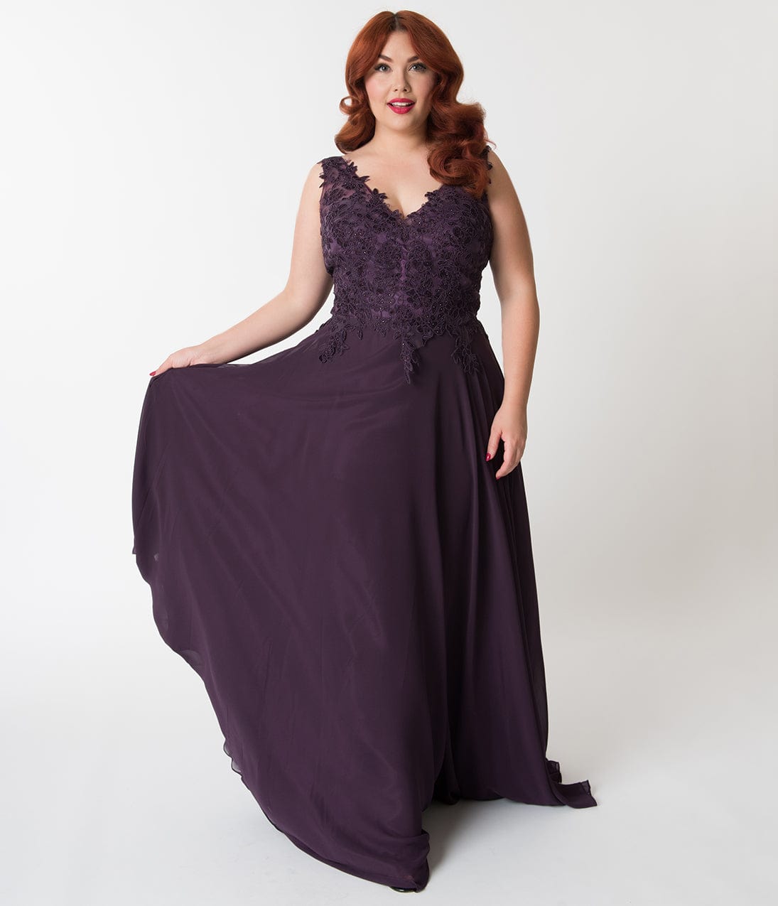 Plus Size Eggplant Purple Embellished Floral Lace & Chiffon V-Neck Gown