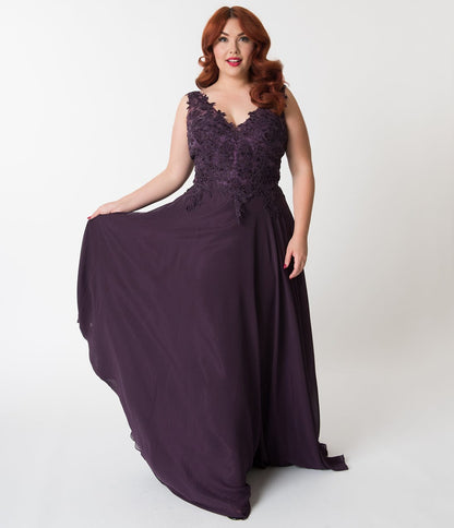 Plus Size Eggplant Purple Embellished Floral Lace & Chiffon V-Neck Gown