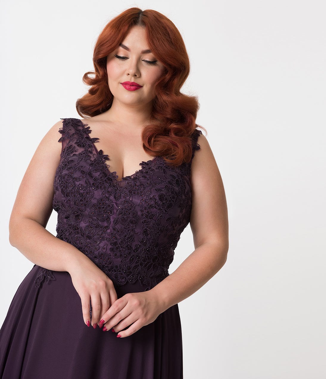 Plus Size Eggplant Purple Embellished Floral Lace & Chiffon V-Neck Gown