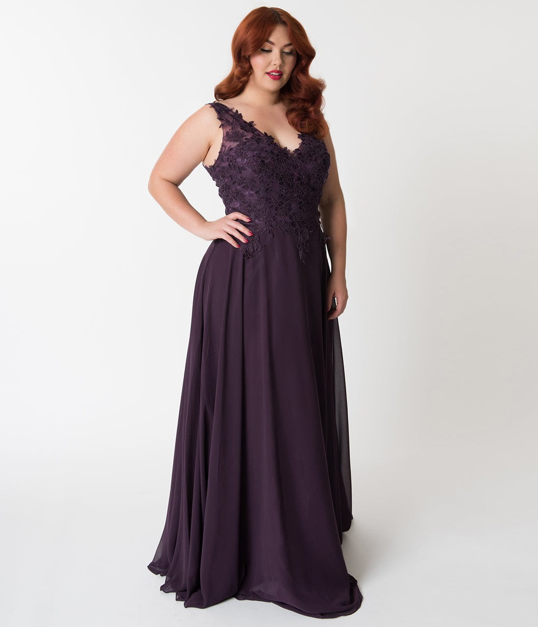 Plus Size Eggplant Purple Embellished Floral Lace & Chiffon V-Neck Gown
