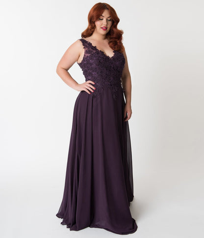 Plus Size Eggplant Purple Embellished Floral Lace & Chiffon V-Neck Gown