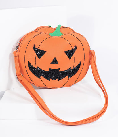 Orange Leatherette Pumpkin Jack O Lantern Crossbody Purse
