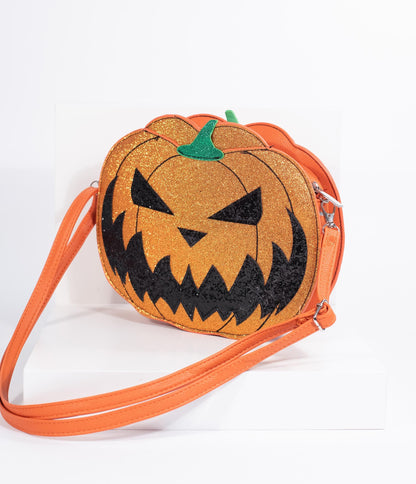 Orange Leatherette Pumpkin Jack O Lantern Crossbody Purse