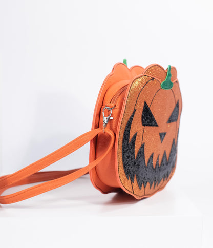 Orange Leatherette Pumpkin Jack O Lantern Crossbody Purse