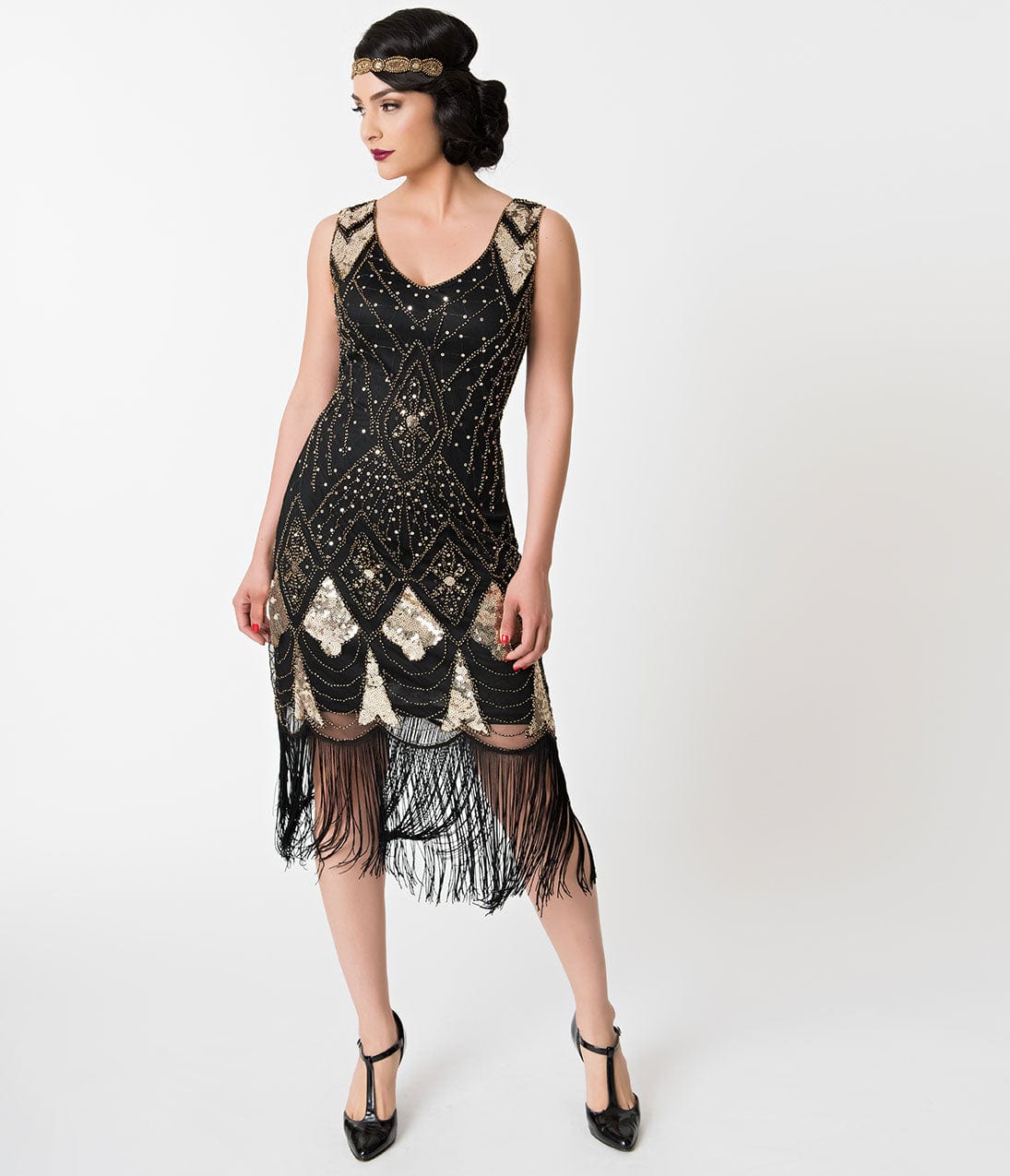 1920s Unique Vintage Black & Gold Sequin Lina Fringe Flapper Dress