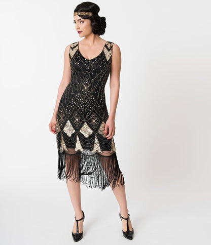 1920s Unique Vintage Black & Gold Sequin Lina Fringe Flapper Dress