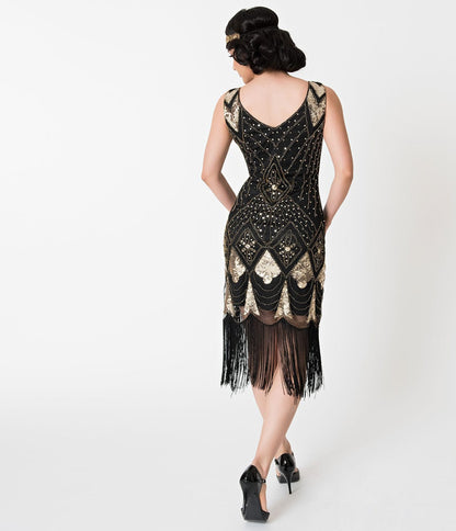 1920s Unique Vintage Black & Gold Sequin Lina Fringe Flapper Dress