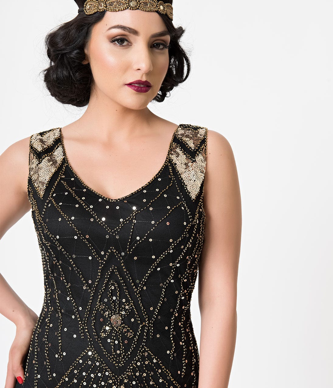 1920s Unique Vintage Black & Gold Sequin Lina Fringe Flapper Dress