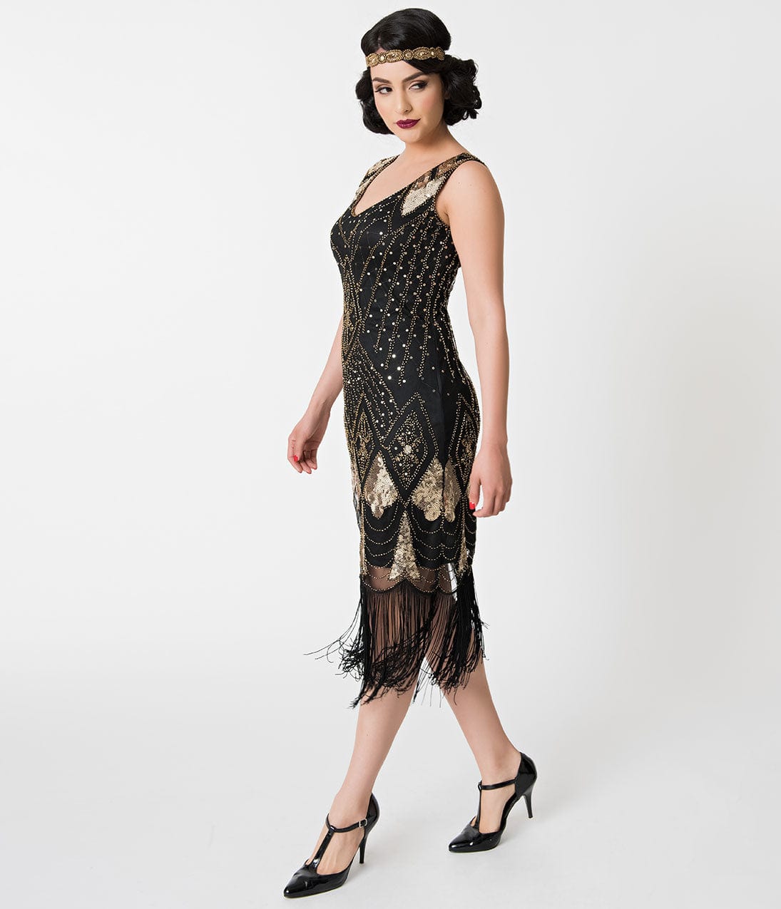 1920s Unique Vintage Black & Gold Sequin Lina Fringe Flapper Dress