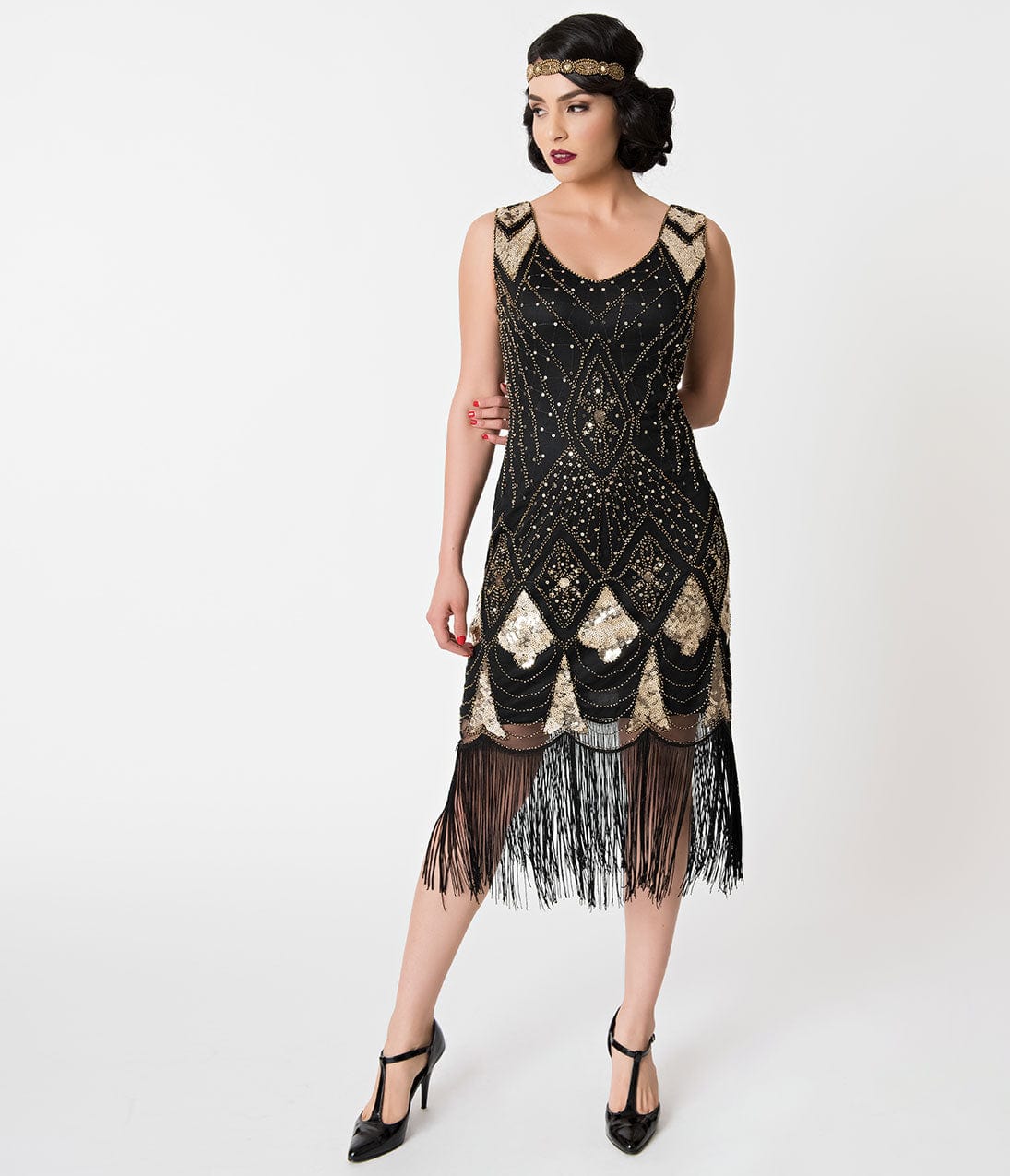 1920s Unique Vintage Black & Gold Sequin Lina Fringe Flapper Dress