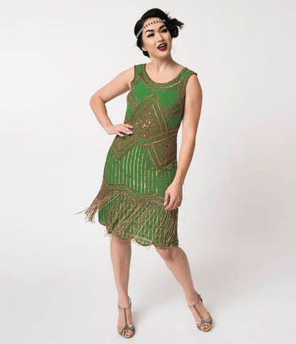 Unique Vintage 1920s Green & Gold Beaded Fringe Christelle Flapper Dress