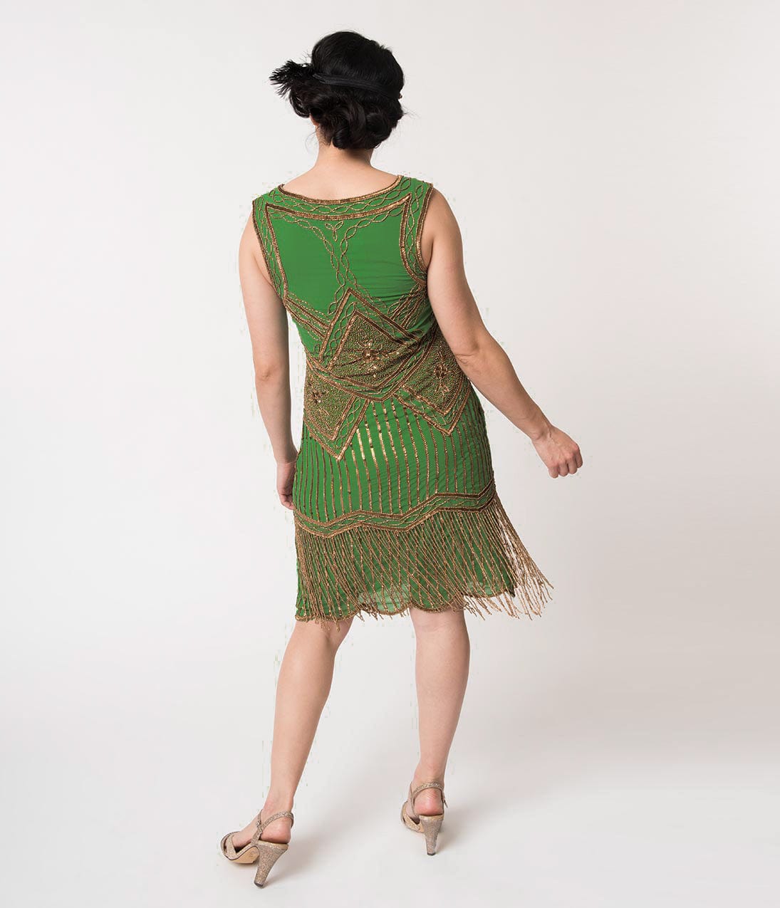 Unique Vintage 1920s Green & Gold Beaded Fringe Christelle Flapper Dress