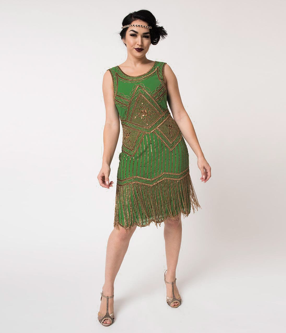 Unique Vintage 1920s Green & Gold Beaded Fringe Christelle Flapper Dress