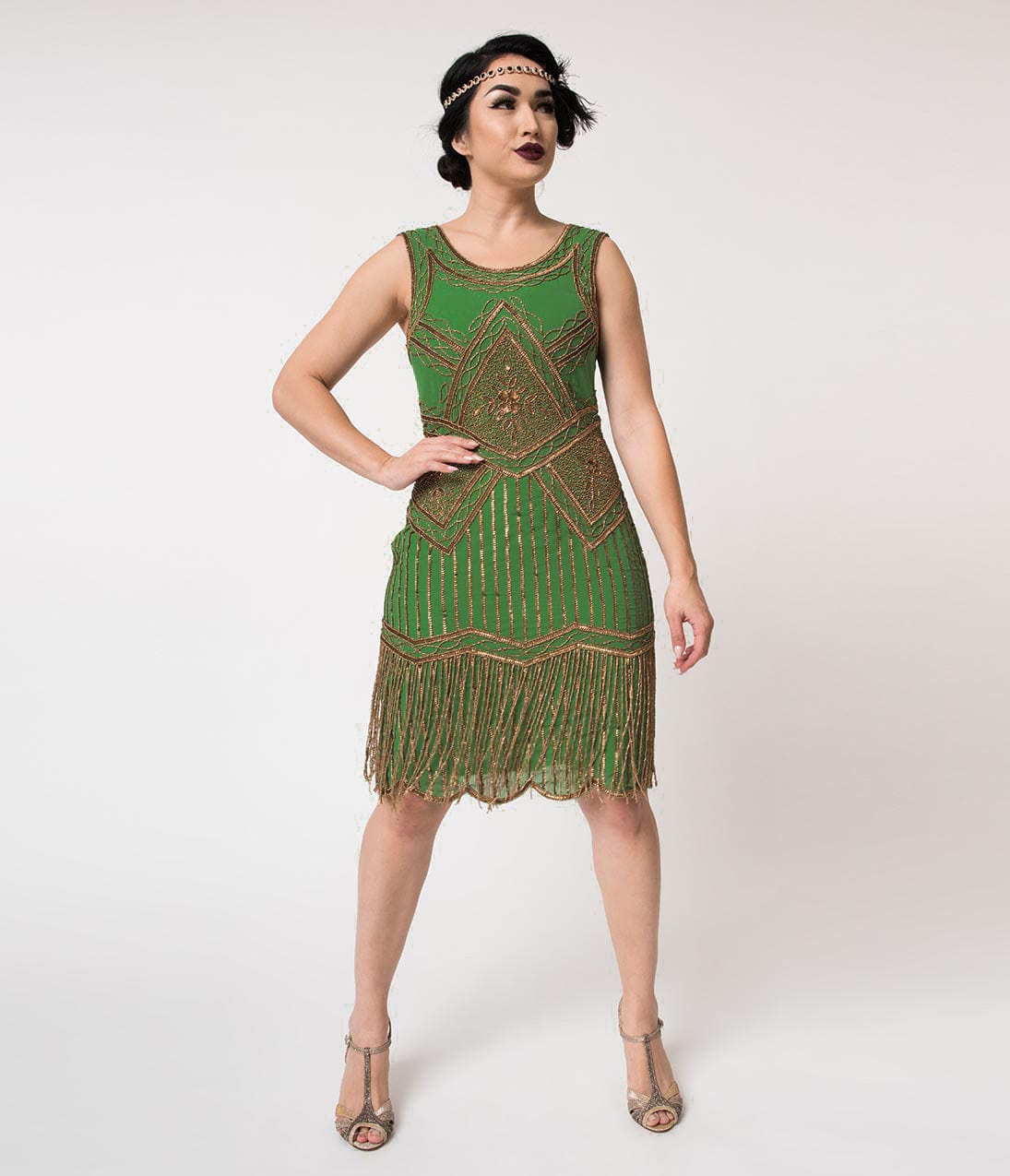 Unique Vintage 1920s Green & Gold Beaded Fringe Christelle Flapper Dress