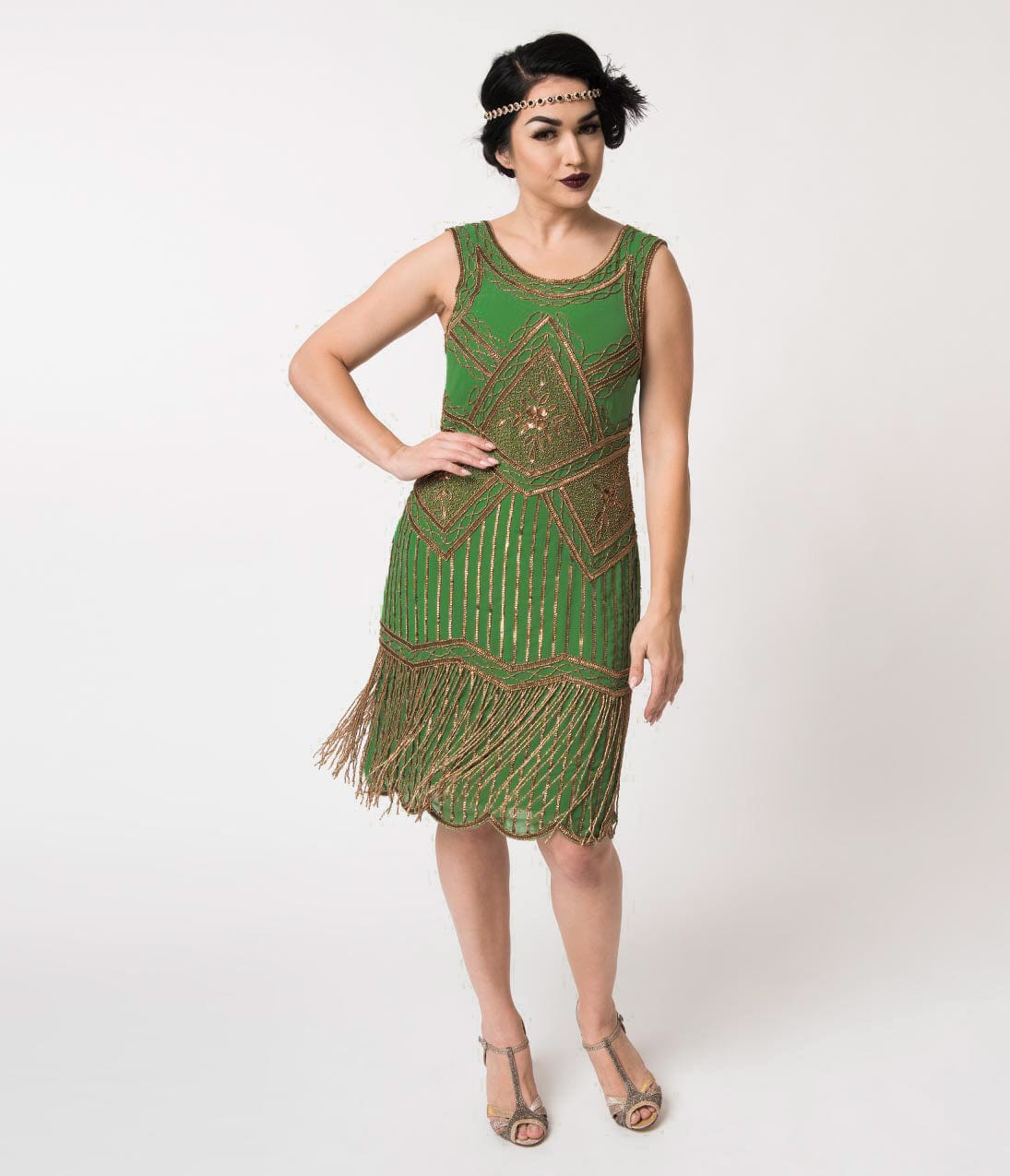 Unique Vintage 1920s Green & Gold Beaded Fringe Christelle Flapper Dress