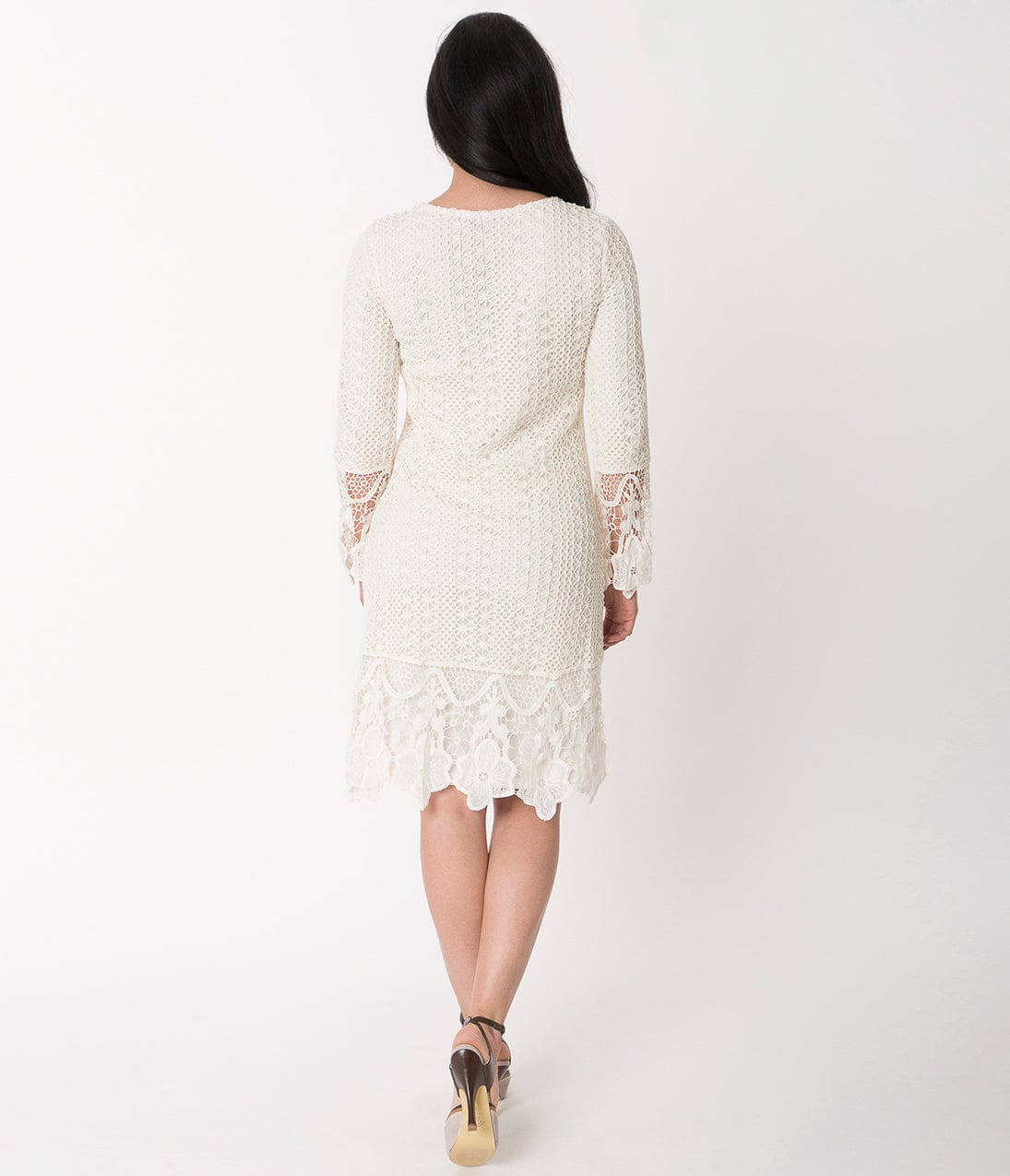 Retro Style Cream Floral Lace Sleeved Lydia Wiggle Dress