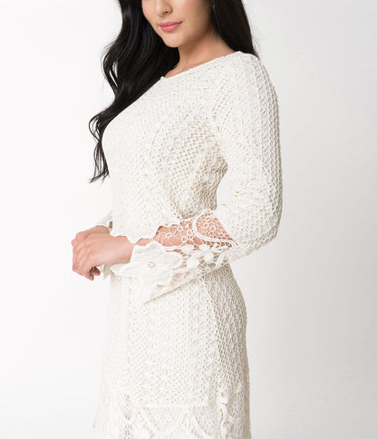 Retro Style Cream Floral Lace Sleeved Lydia Wiggle Dress