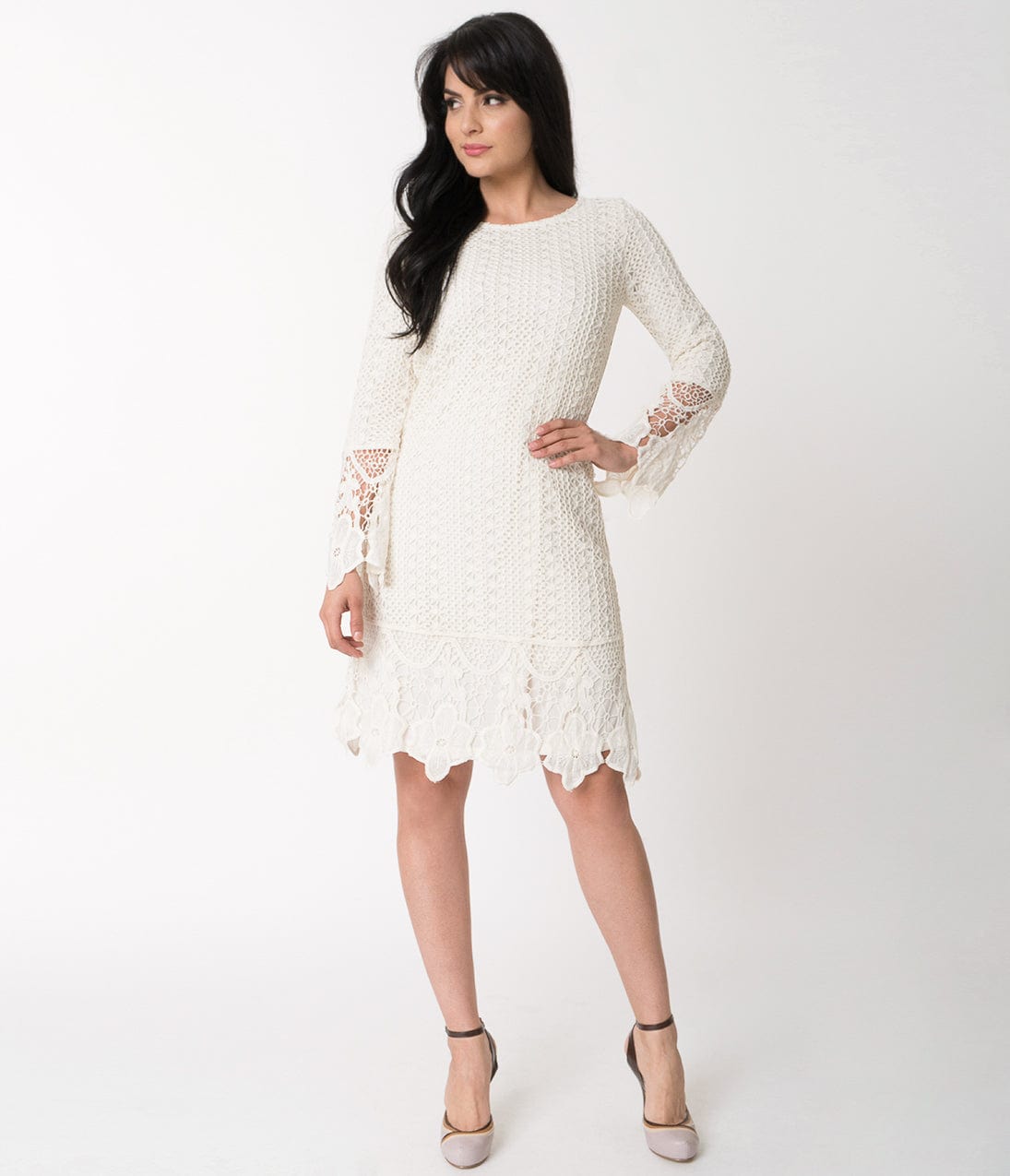 Retro Style Cream Floral Lace Sleeved Lydia Wiggle Dress