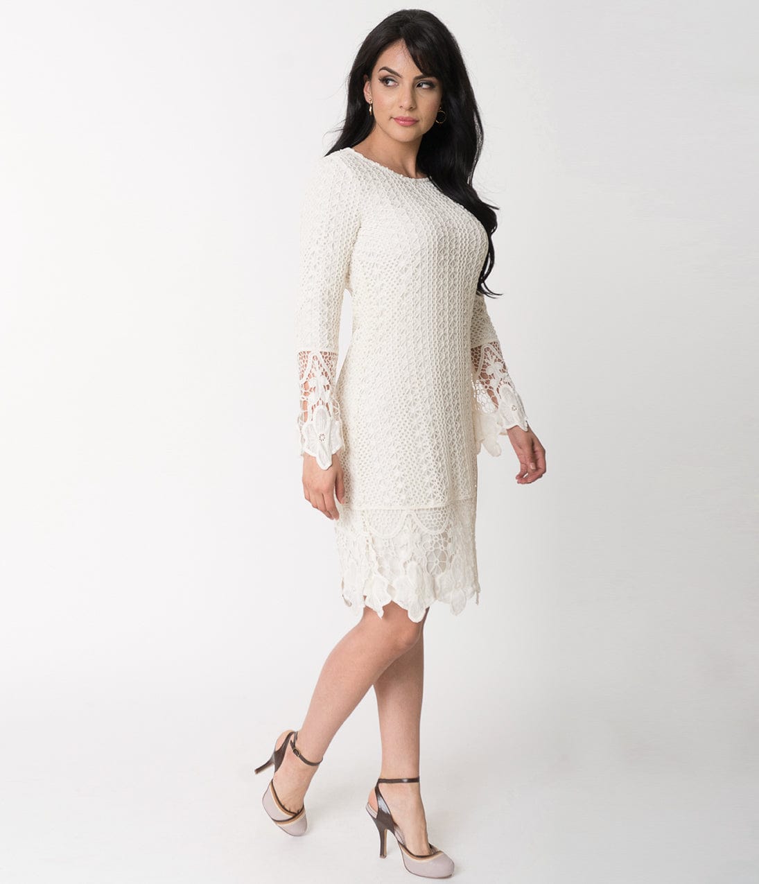 Retro Style Cream Floral Lace Sleeved Lydia Wiggle Dress