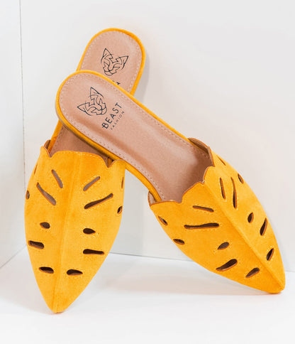 Retro Style Mustard Yellow Suede Pointed Toe Mules